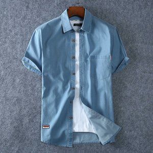 Men's L Denim Short-Sleeved Button Down Shirt with Collar Light Blue